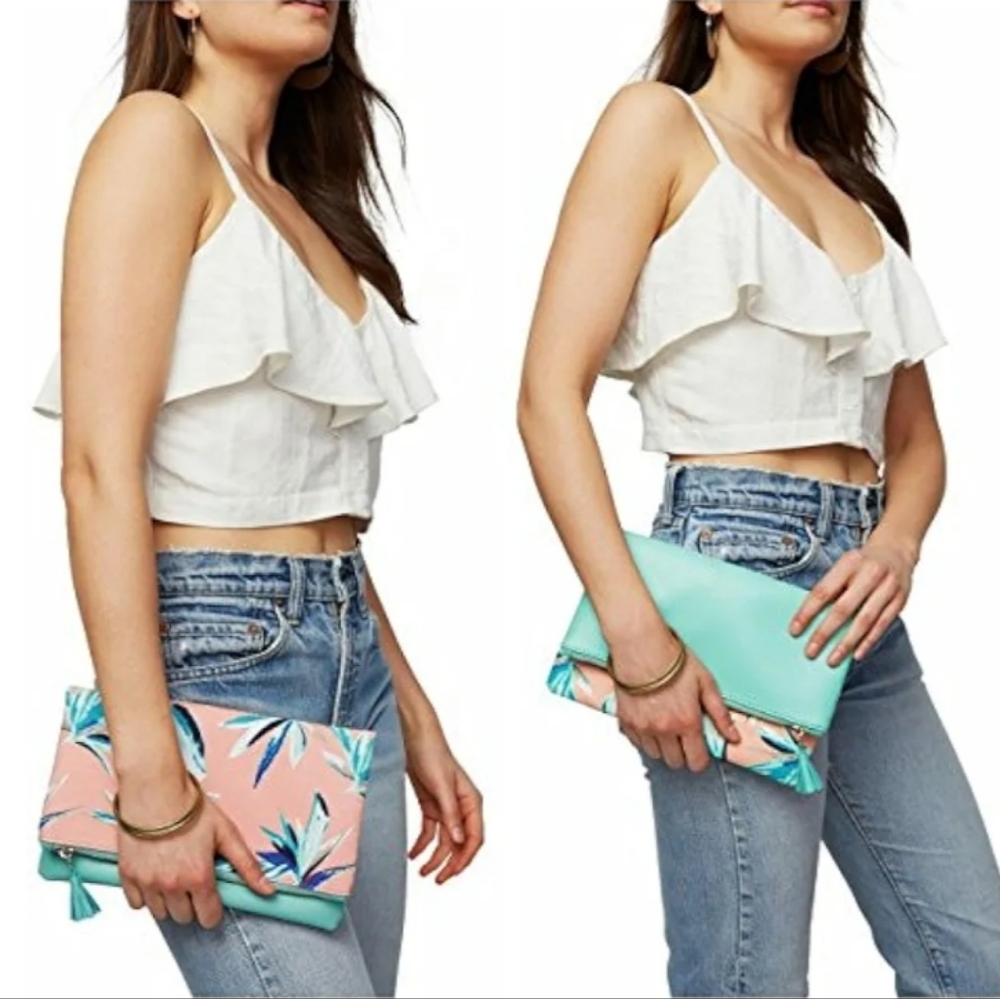 Rachel Pally Pink Palm Canvas Mint Green Vegan Leather Reversible Clutch NWT